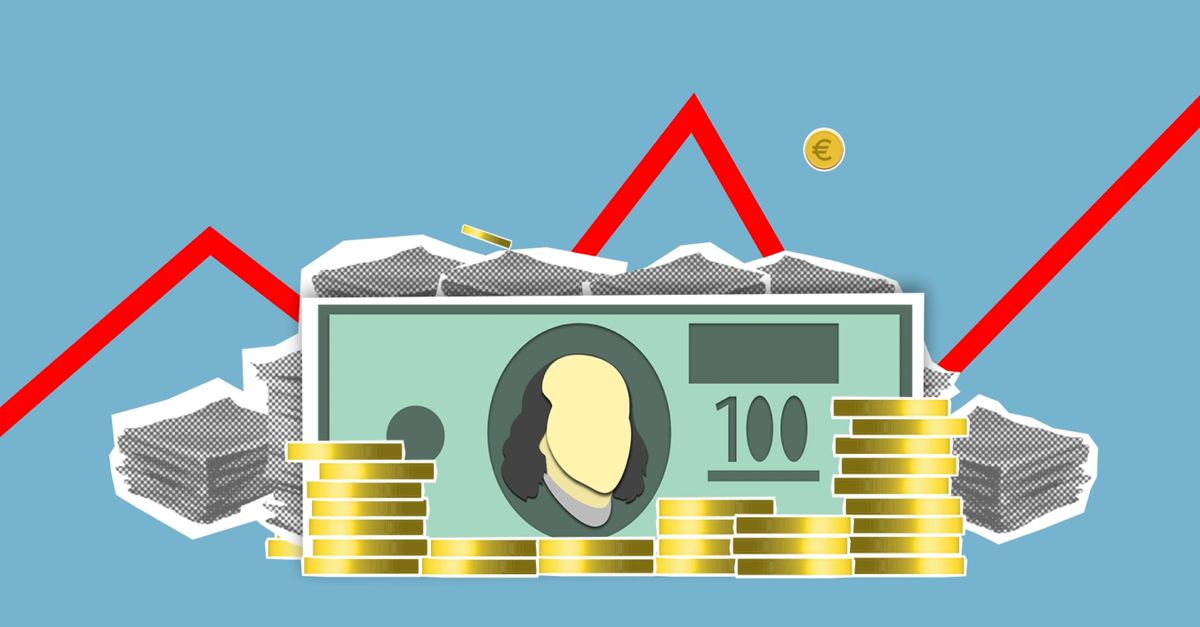 Cutout paper composition of dollar bills between pile of coins and financial stocks with curved diagram