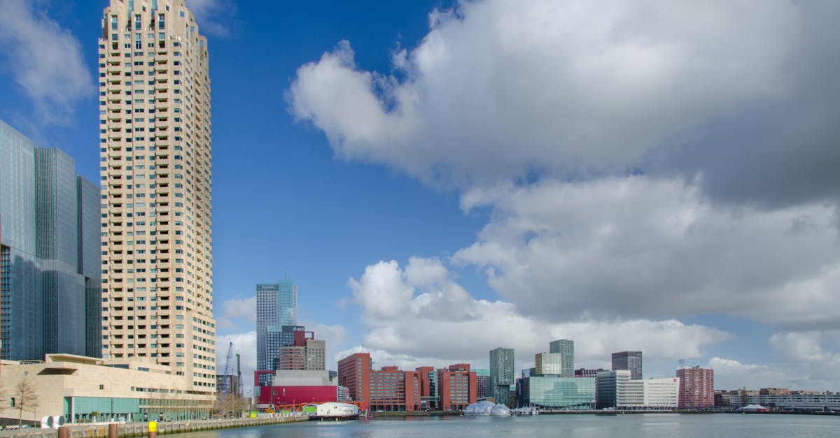 Explore the modern cityscape of Rotterdam featuring skyscrapers and waterfront views under a blue sky.