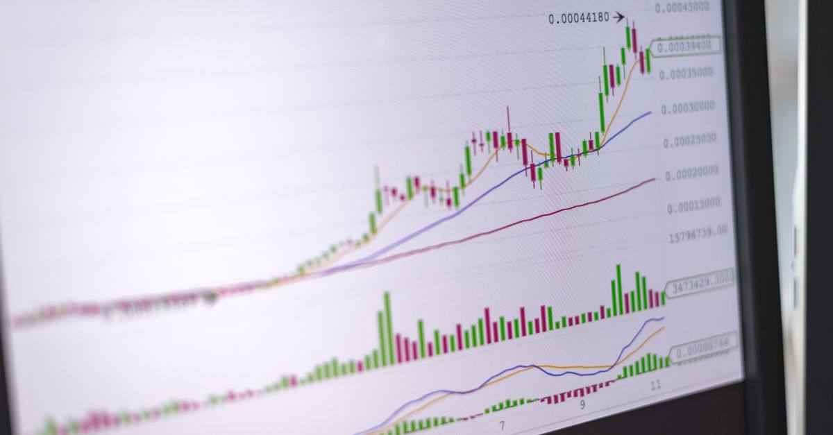 Close-up of a financial chart with candlestick graphs on a monitor screen, showcasing market trends.