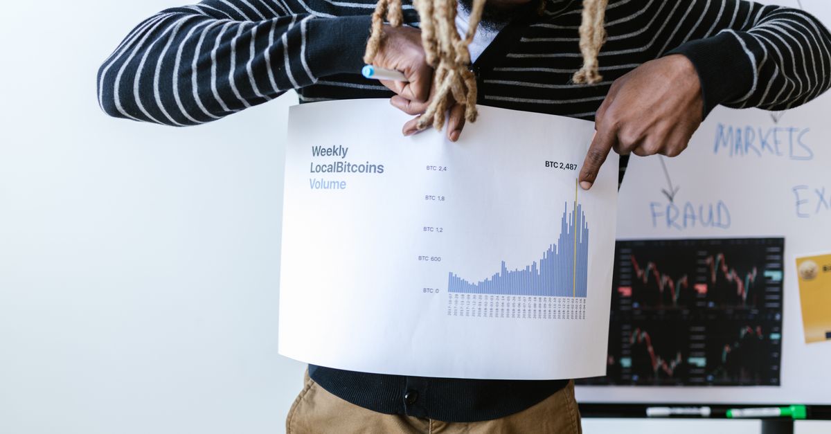 Businessperson presenting a chart on weekly Bitcoin volume trends with detailed analysis.