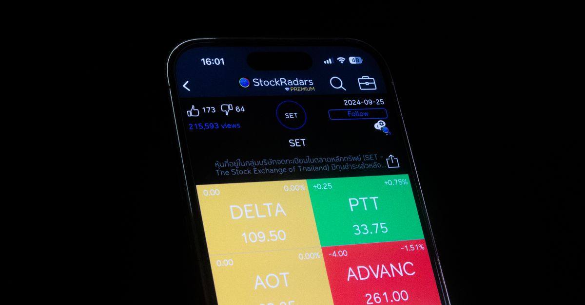 Close-up of a smartphone showing stock market data on a financial app screen.