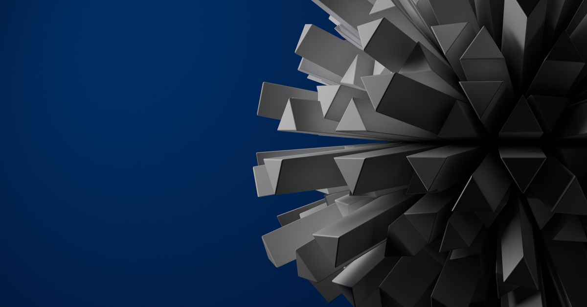 Dynamic 3D geometric shapes creating a modern abstract design set against a deep blue backdrop.