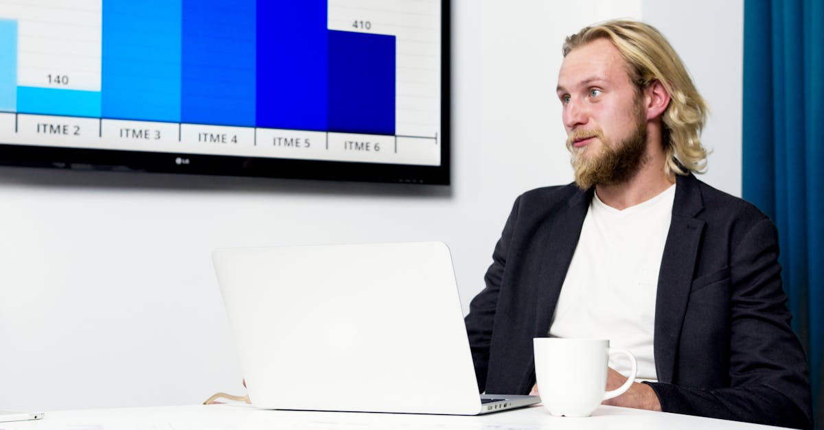 Businessman in a meeting analyzing data on a laptop with a chart on the screen.