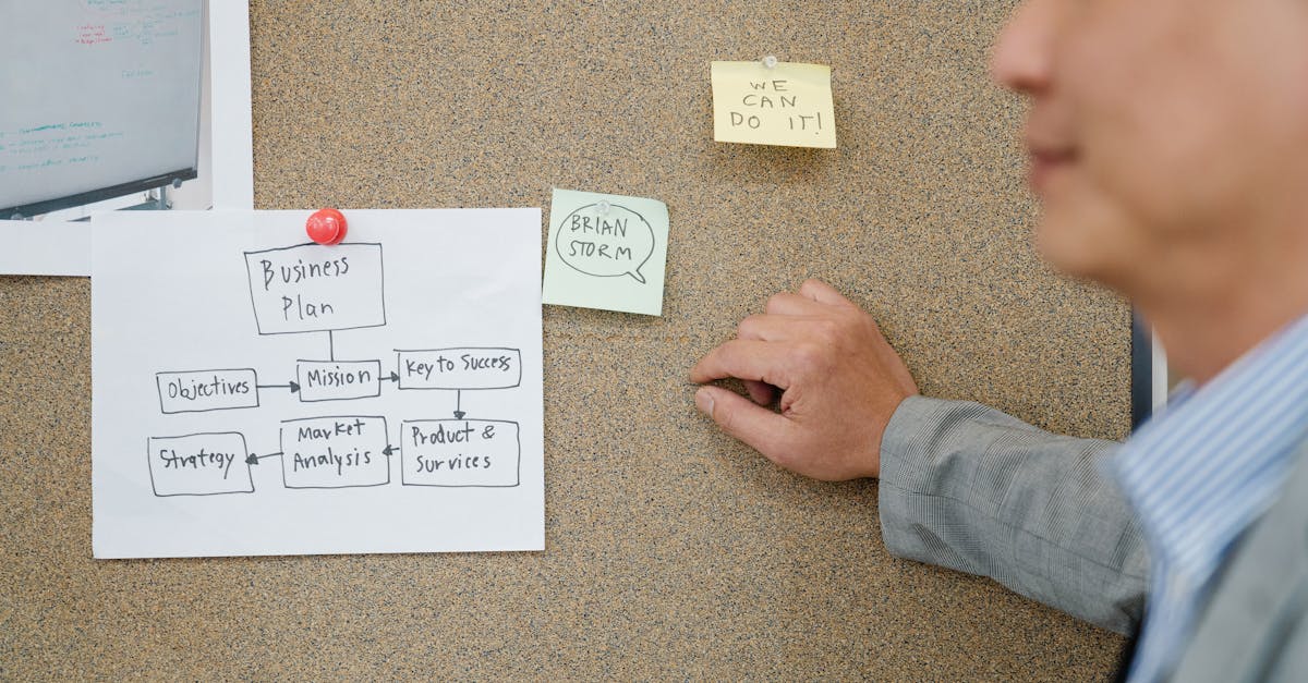 Office worker analyzing business plan on corkboard, boosting teamwork and strategic planning.