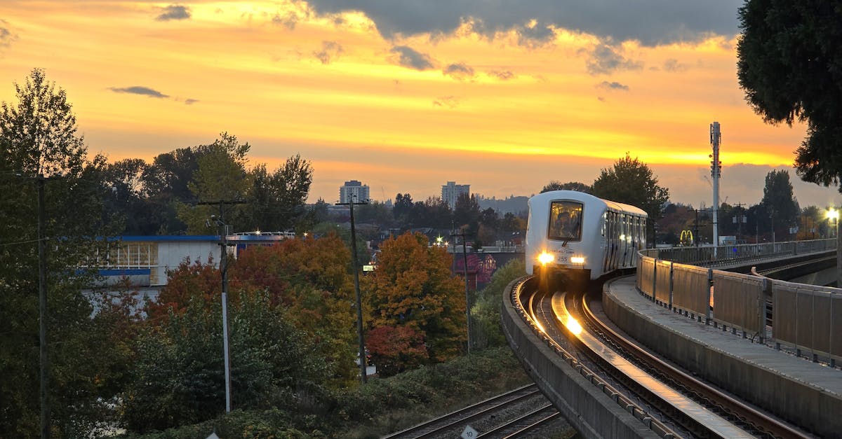 SkyTrain glides through Vancouver at sunset, surrounded by fall foliage.