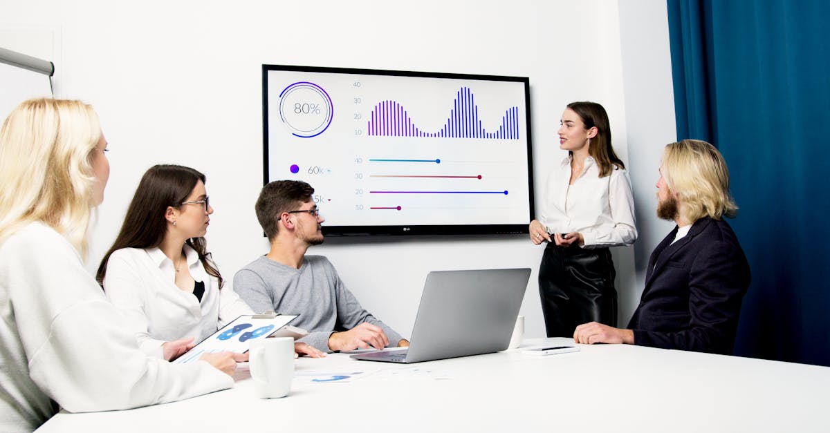 Professional business meeting with a team analyzing data on a presentation screen.