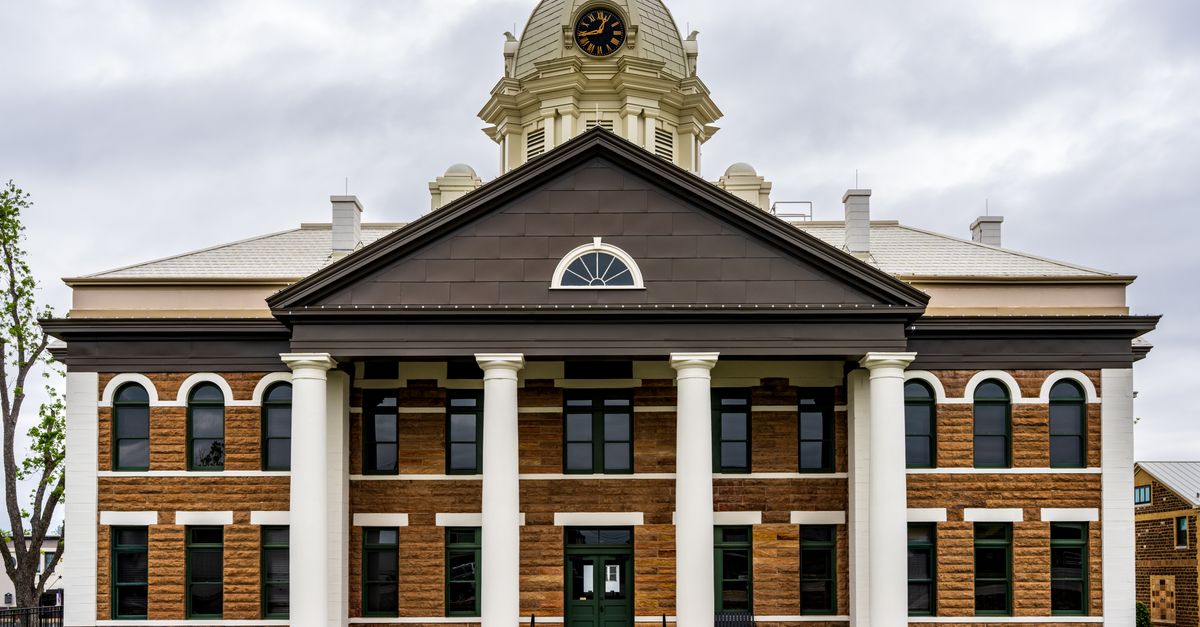Front view of the historic Mason County Courthouse in Mason, Texas, USA.