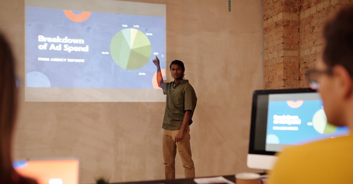 Young man delivering a business presentation on ad spend with charts and graphs in a modern office setting.