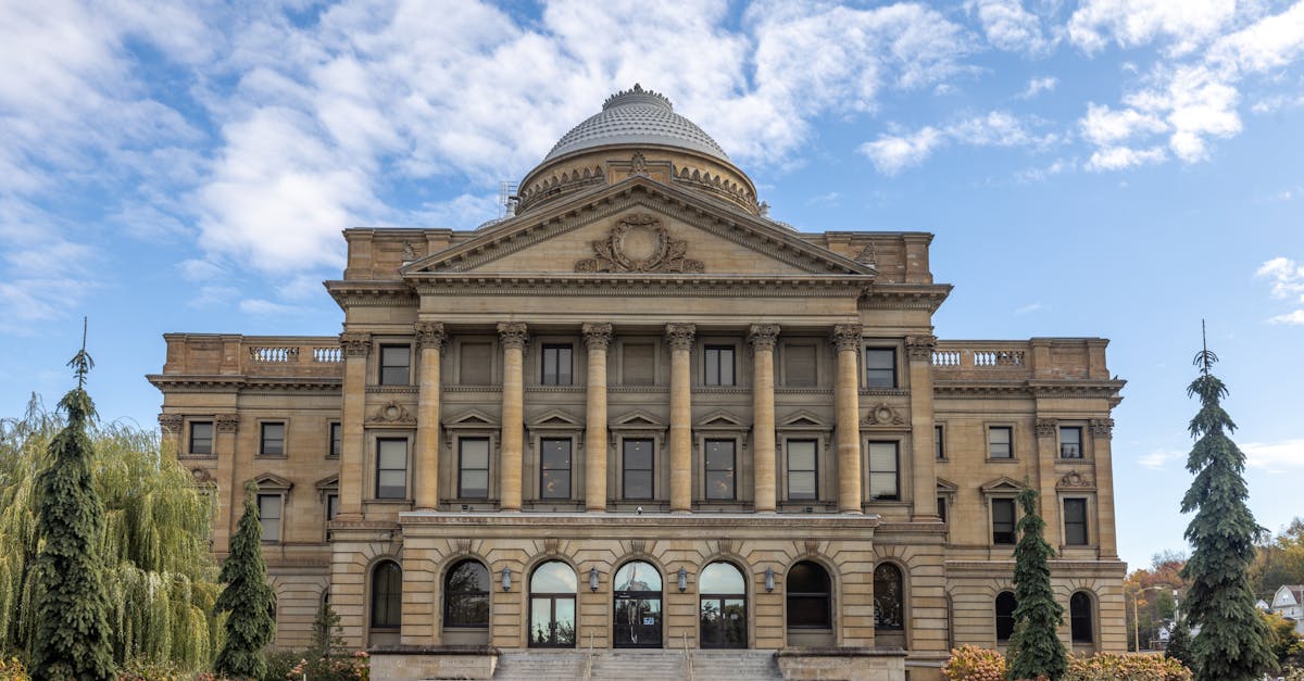 Front view of Luzerne County Courthouse, Wilkes-Barre, under a blue sky.